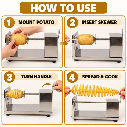 Wukusy manual steel potato spiral cutter with crank handle and skewer, one-piece kitchen tool