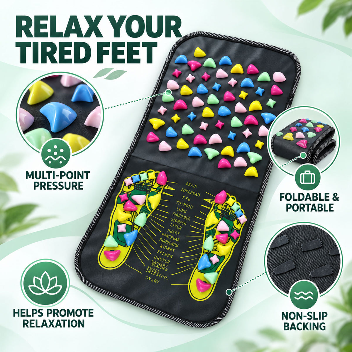 Wukusy acupressure foot massage mat with raised nodes and foot guide, 70 x 34cm