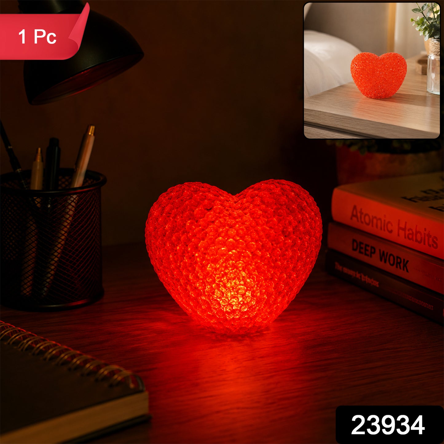 Heart-shaped LED night lamp by Wukusy with crystal texture and soft red glow, perfect for cozy bedroom decor.