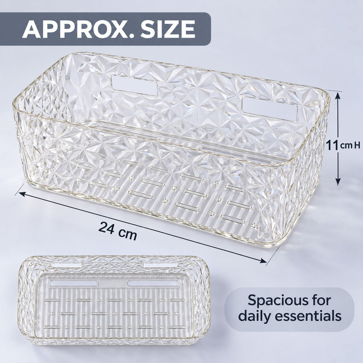 Wukusy diamond design bathroom wall rack for toiletries and cosmetics, mounted on tiled bathroom wall with bottles and jars.
