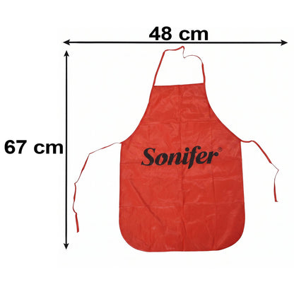 Wukusy reusable cooking apron with front pocket and adjustable neck strap, shown on a person in a kitchen setting