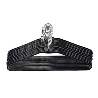 Set of 10 Wukusy 7203 wardrobe cloth hangers hanging on a closet rod, made of durable material for clothing organization.