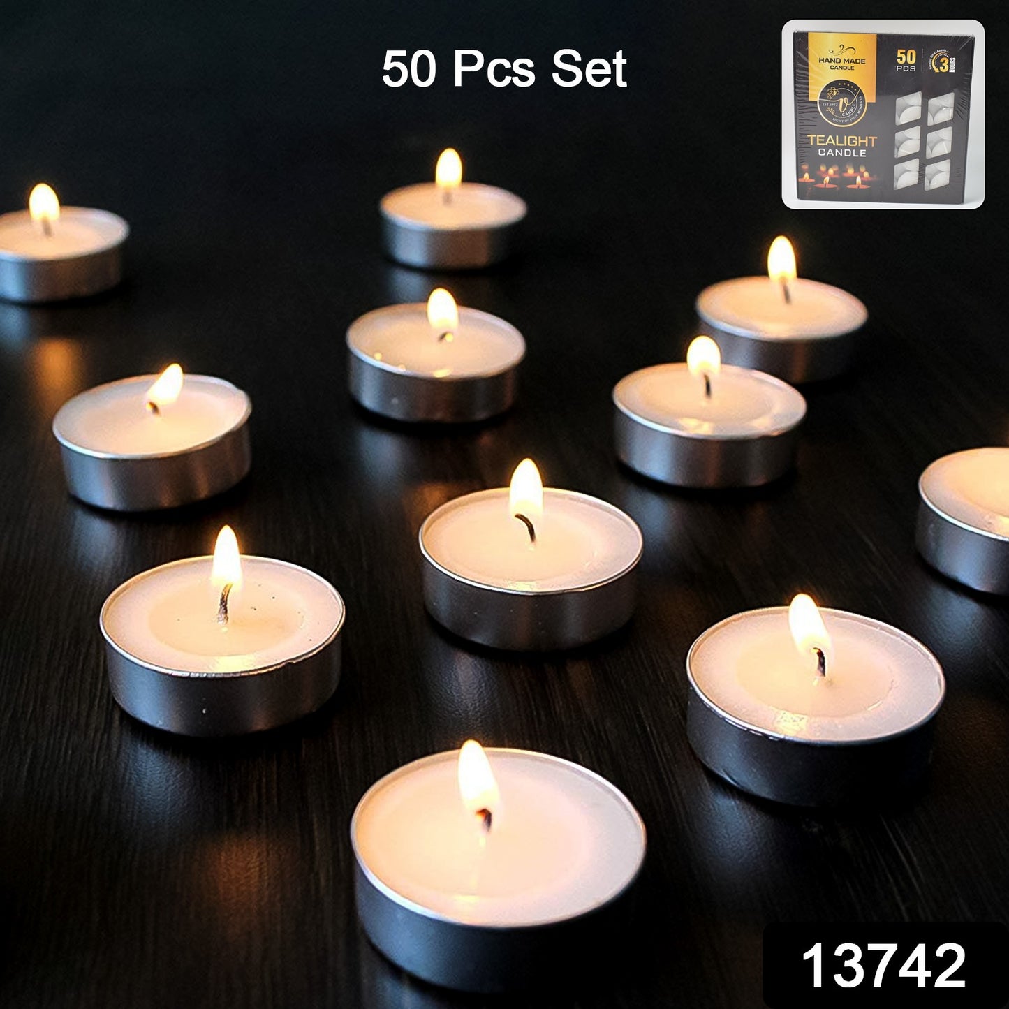 Set of 50 smokeless tealight candles by Wukusy, showcasing small tealights with a teal blue color in a clear container.