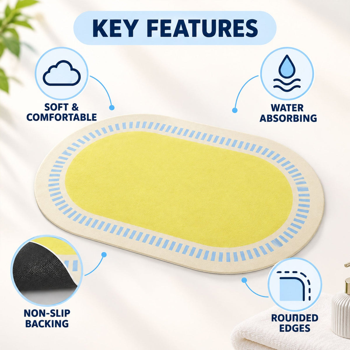 Wukusy striped border oval shower mat in bright colors, quick-dry bathroom rug, 60x40 cm, placed on bathroom floor