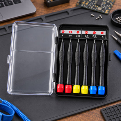 Wukusy six-piece precision screwdriver hand tool kit for electronics and small repairs, with various screwdrivers arranged on a white background.