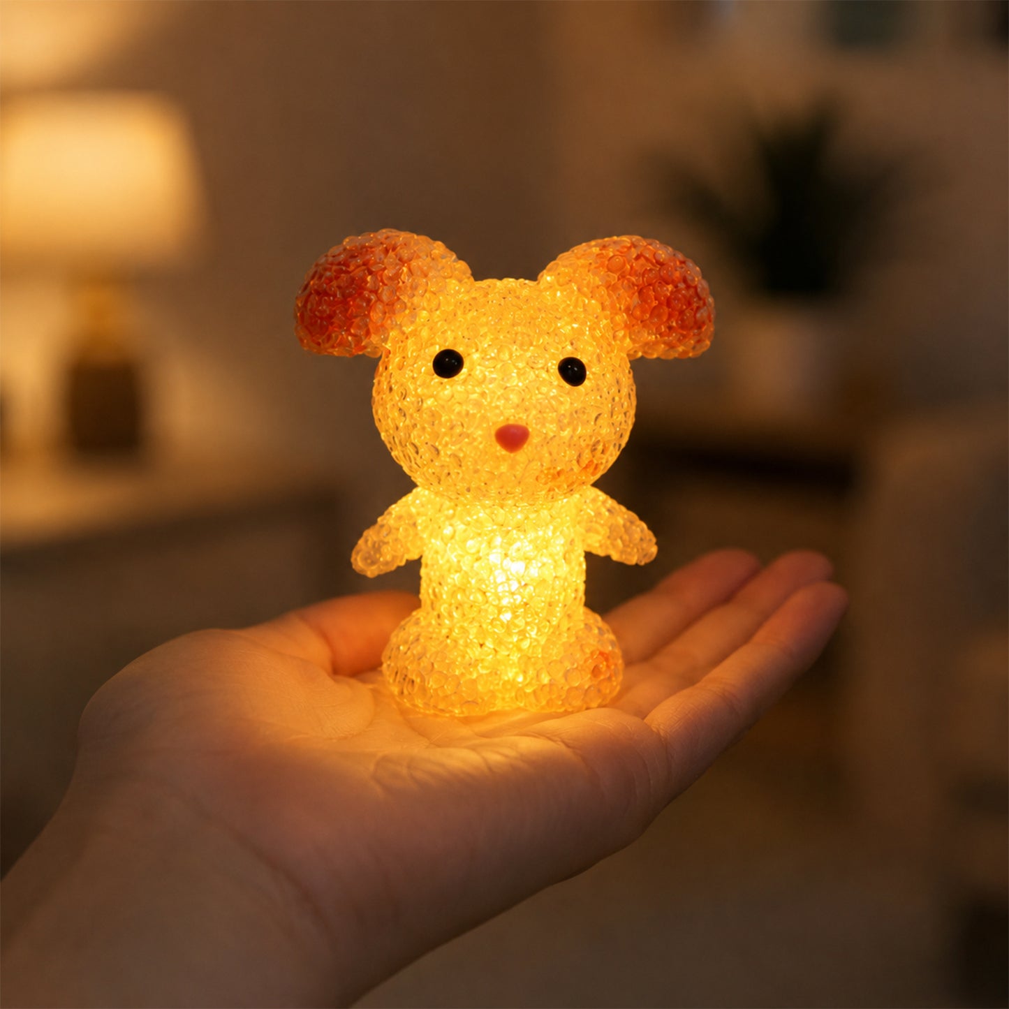Wukusy cartoon mouse shape LED night lamp with crystal texture emits warm glow, perfect for children's bedside lighting.