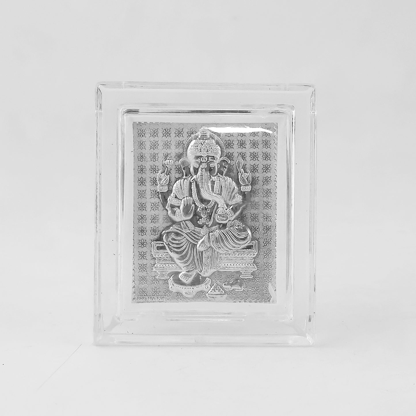 Silver-plated Lord Ganesha embossed photo frame by Wukusy, decorative home decor with intricate design featuring Lord Ganesha figure.