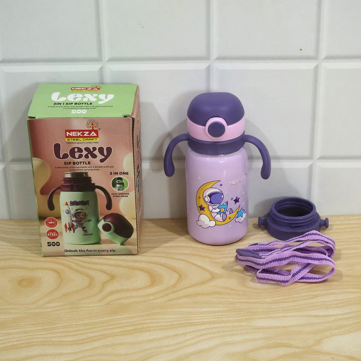 Kids stainless steel sipper water bottle with handles and strap by Wukusy, 500ml, featuring a colorful design for children.
