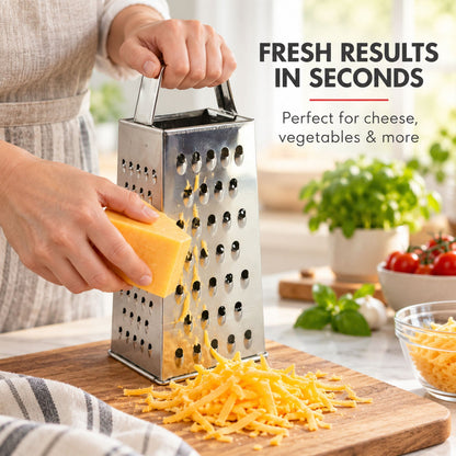 Wukusy 5-in-1 steel box grater and vegetable slicer for cheese shredding and food prep, with multiple grating and slicing surfaces.