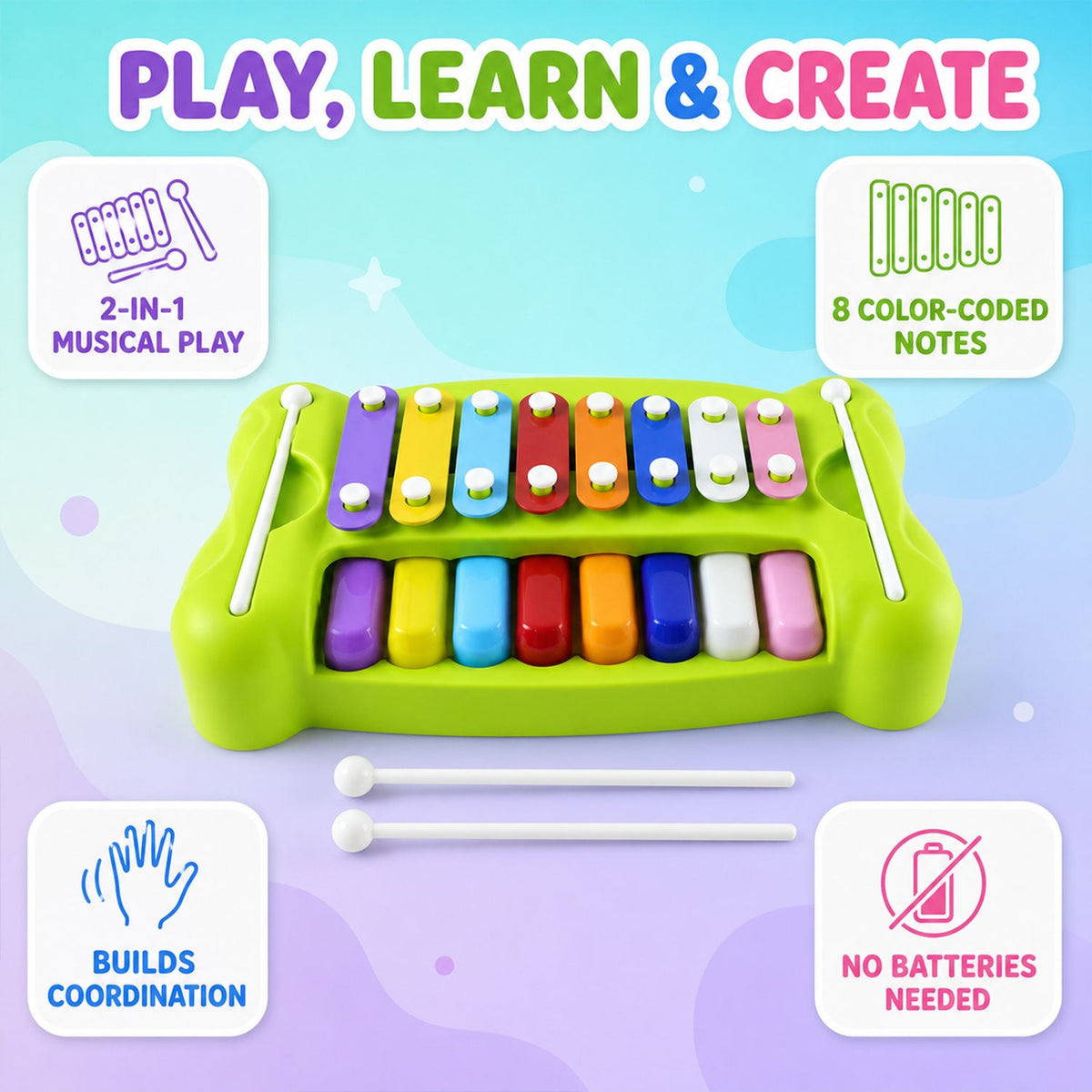 Kids Piano Xylophone Musical Toy With Keyboard And Mallets For Creative Learning