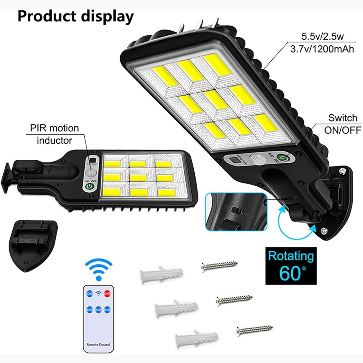 Wukusy high-power solar LED street light with motion sensor and remote control, mounted on a street pole in an outdoor setting.