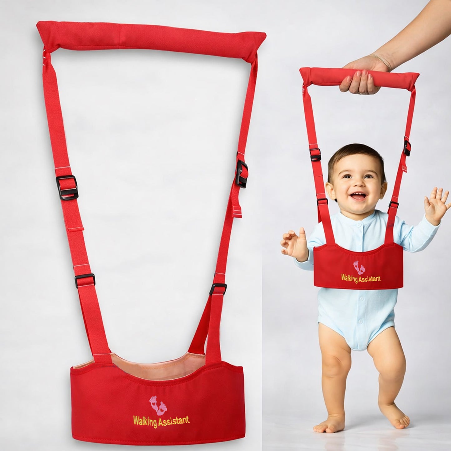 Adjustable Wukusy baby walking assistant harness with safety support belt, showing the harness and belt in use for toddler stability.