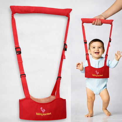 Adjustable Wukusy baby walking assistant harness with safety support belt, showing the harness and belt in use for toddler stability.