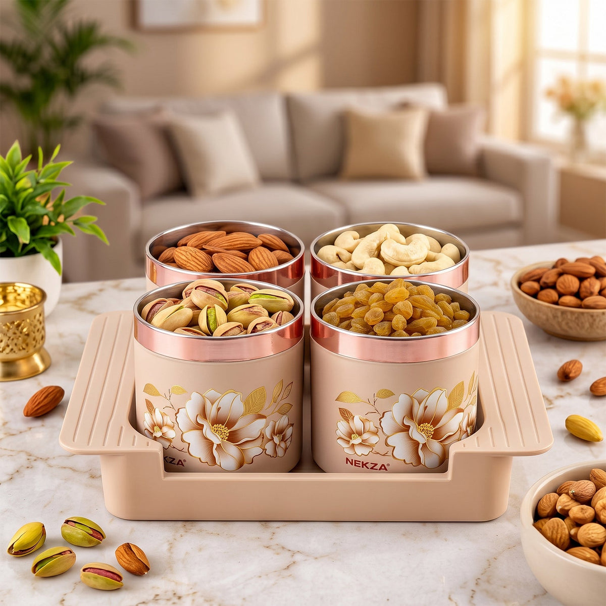 Wukusy golden dry fruit containers with stainless steel inner bowls and serving tray, 4-piece set for stylish snack storage