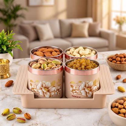 Wukusy golden dry fruit containers with stainless steel inner bowls and serving tray, 4-piece set for stylish snack storage