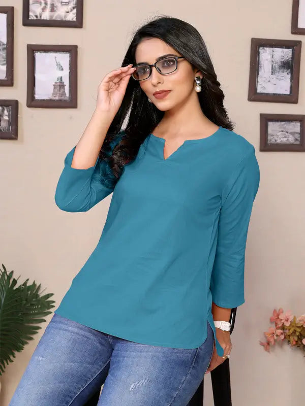 Baby Pink Cotton Round V-Neck Neck Hip Length 3/4 Sleeve Tunic For Women