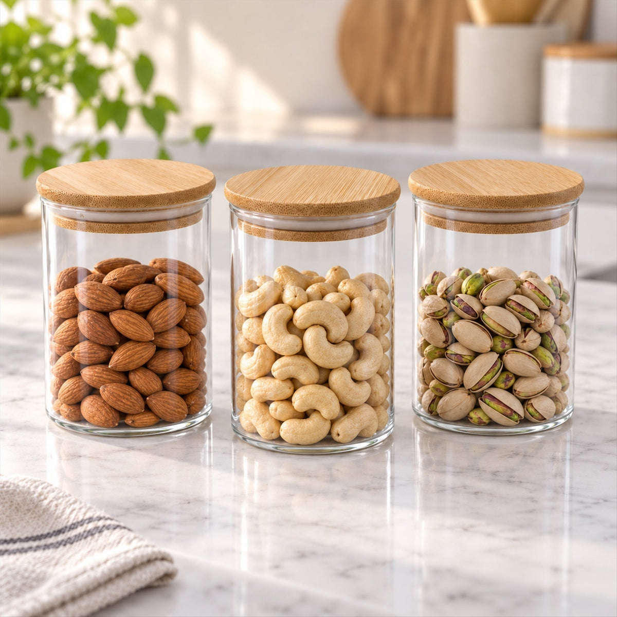 Set of three Wukusy glass storage jars with bamboo lids, ideal for kitchen organization and storing dry fruits.
