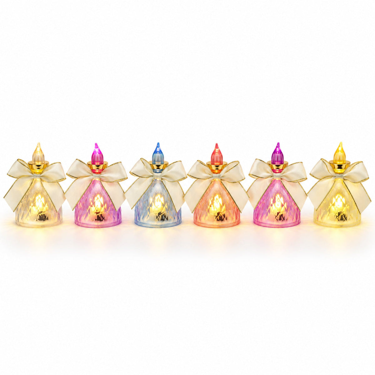 Set of six Wukusy decorative flameless LED candle lights with bows, ideal for home decor and creating a cozy ambiance.