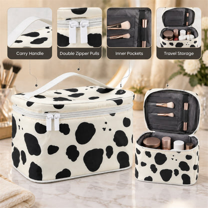 Spotted makeup zipper pouch with carry handle by Wukusy, ideal for travel organization, measuring 24x15 cm.