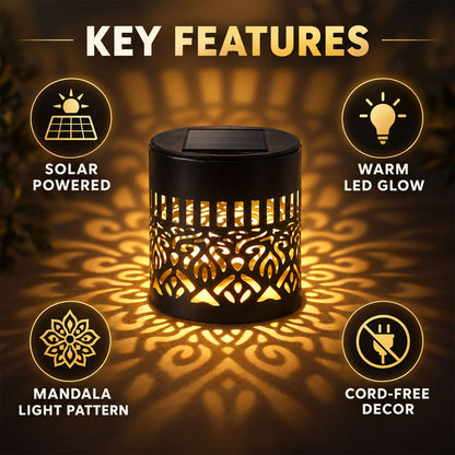 Decorative solar LED lamp with mandala pattern by Wukusy, suitable for patio and garden lighting, illuminated at night.