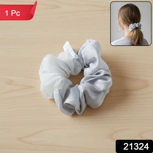 Wukusy dual-tone satin mesh fabric hair scrunchie on hair, showcasing soft, shiny material and stylish design.