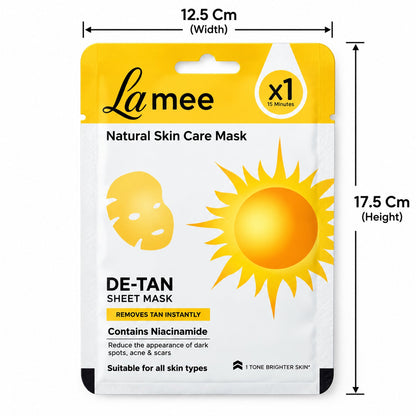 Wukusy De Tan facial sheet mask with niacinamide for hydrating skin care, shown on a skincare tray with ingredients and application tools.