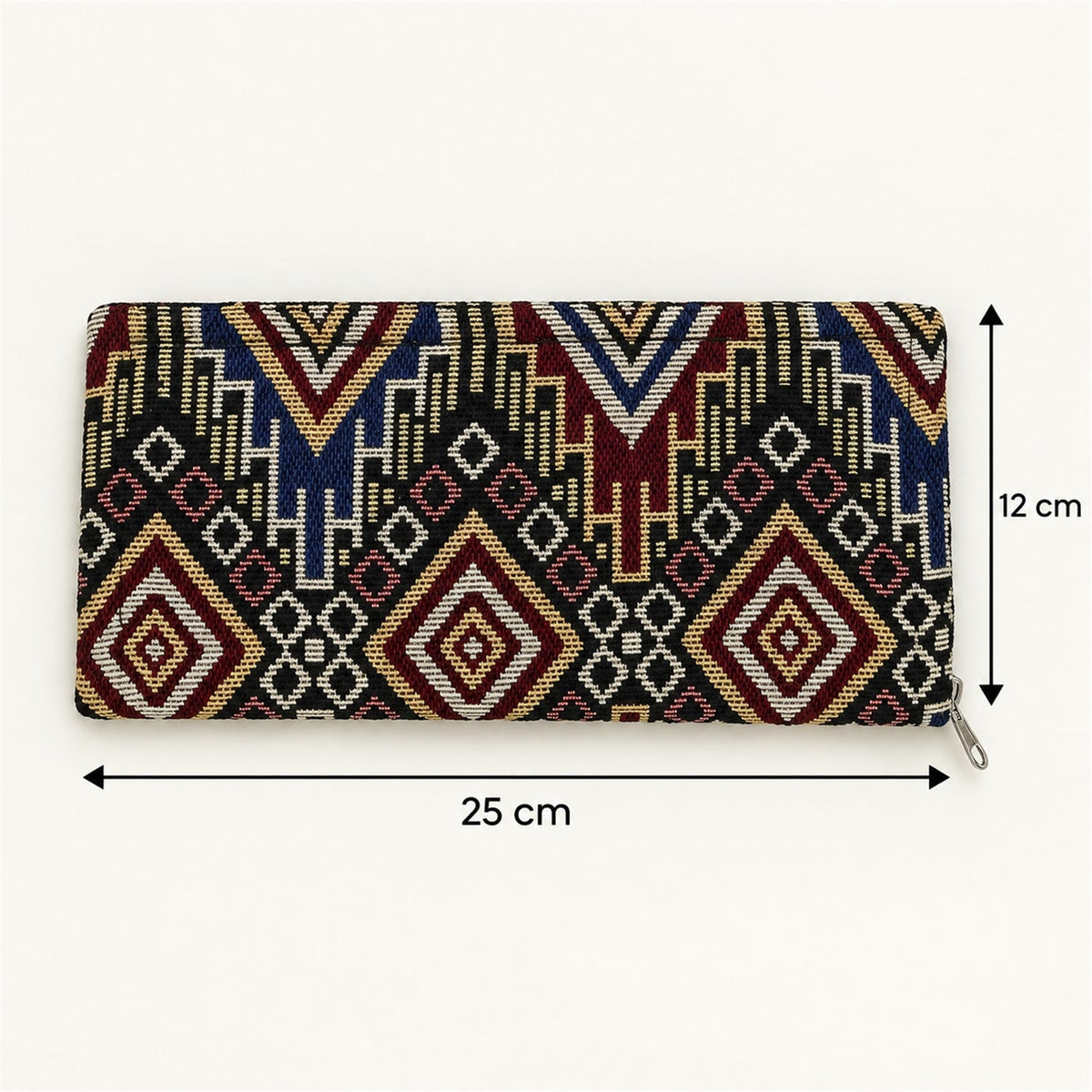 Wukusy traditional geometric woven clutch wallet with zipper, 25x12 cm, featuring colorful woven pattern and compact design.
