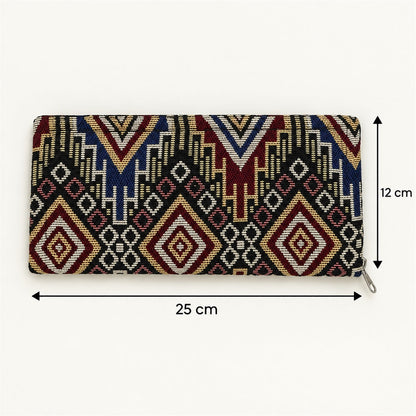 Wukusy traditional geometric woven clutch wallet with zipper, 25x12 cm, featuring colorful woven pattern and compact design.