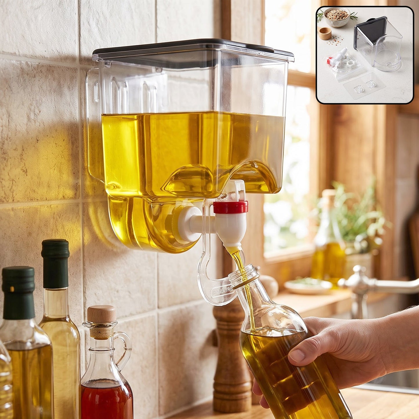 Wall Mounted Plastic Oil Dispenser With Tap For Kitchen Oil Storage Use (1 Pc)