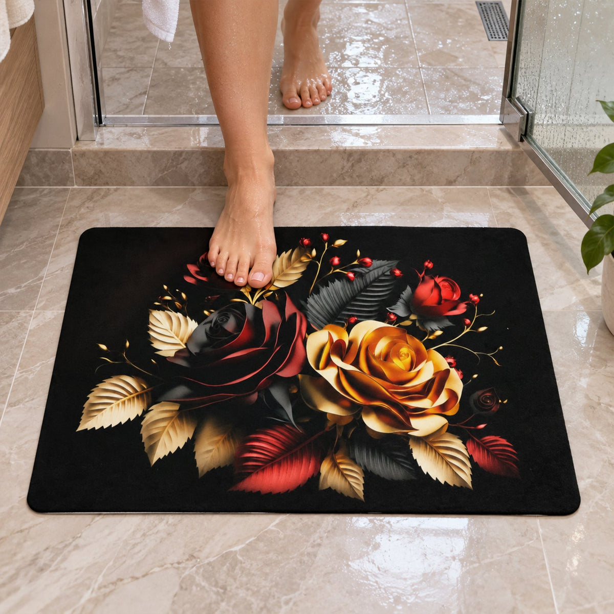 Decorative floral rose print bathroom floor mat by Wukusy, 58x38 cm, indoor use, featuring vibrant rose and floral design.