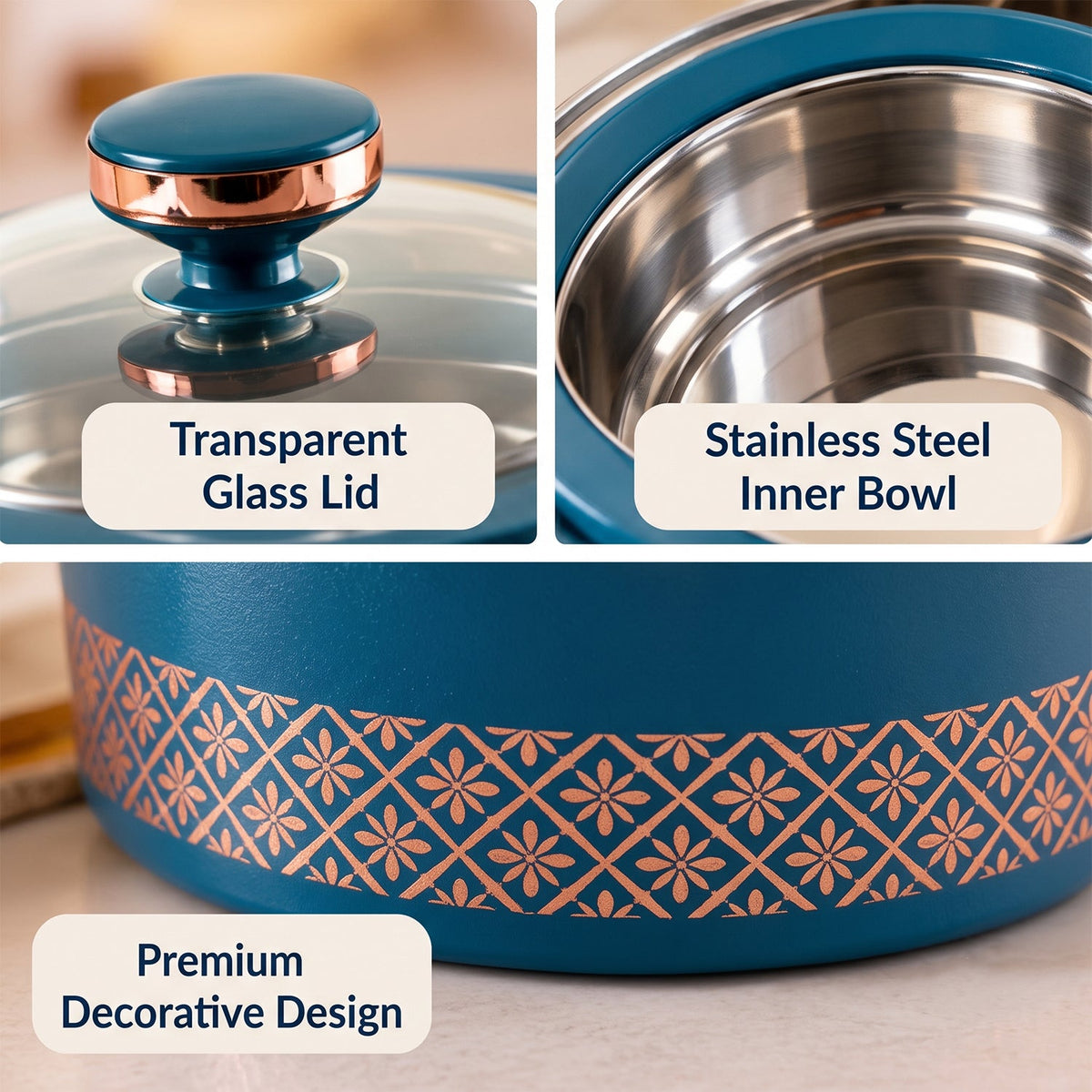 Crystal Casserole With Stainless Steel Inner Bowl And Glass Lid (3500 Ml)
