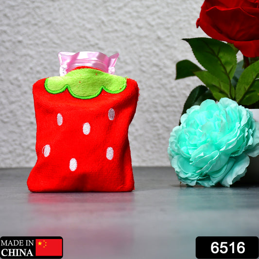 Wukusy 6516 Strawberry hot water bag with cover for pain relief, neck, shoulder, hand, foot warmth, and menstrual cramps.