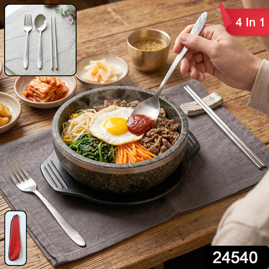 Portable Stainless Steel Cutlery Set Fork Spoon Chopsticks Pouch (4 Pc Set)