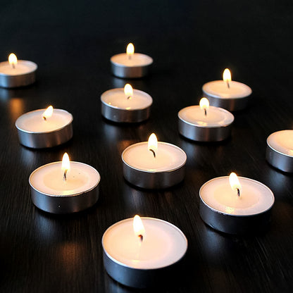 Set of 50 smokeless tealight candles by Wukusy, arranged in a decorative holder, perfect for ambient lighting.