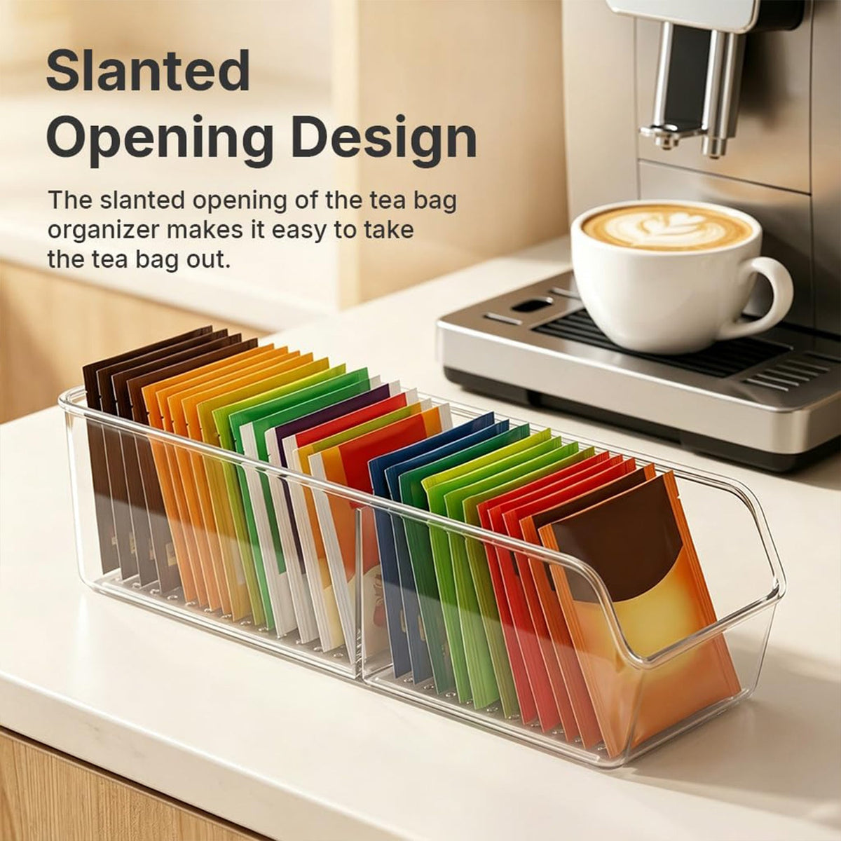 Clear plastic storage organizer box with dividers for kitchen, showing compartments for organizing small items or pantry essentials.