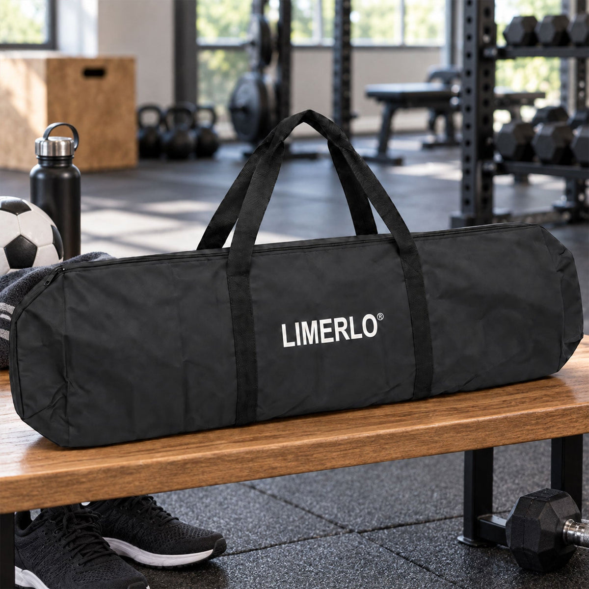 Wukusy large sports kit bag with full zip closure, carry handles, in black with spacious interior, 113x34 cm for sports gear storage.