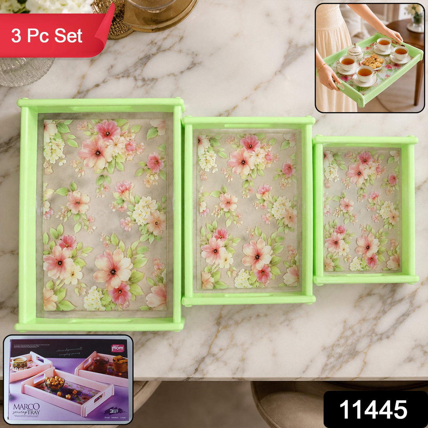 Supermom Floral Printed Multipurpose Serving Tray Set (3 Pc Set)