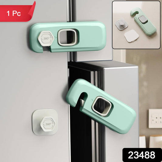 Wukusy adhesive child safety lock on a refrigerator door, keeping cabinets secure and child-proofed for safety.