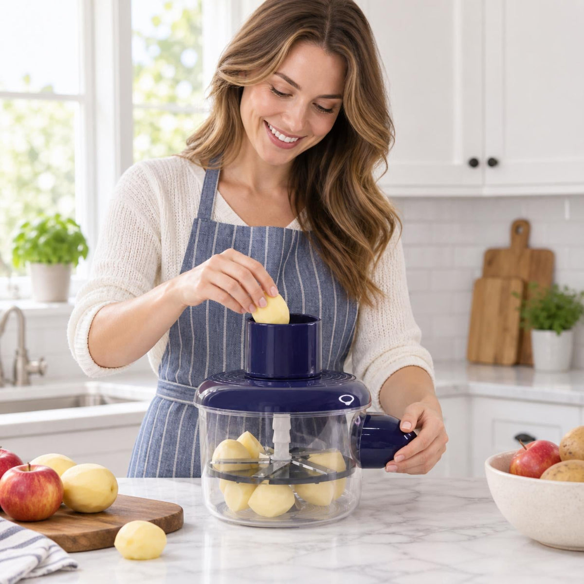 Wukusy B Grade electric food chopper with steel blades and clear bowl, displayed with blades and chopped vegetables inside.