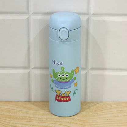Wukusy cartoon print glass water bottle with flip top lid, 400 ml approx.