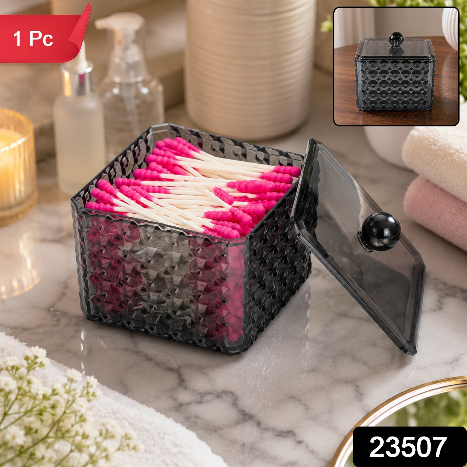 Plastic Cotton Swab Storage Box With Lid For Bathroom Vanity And Desk Use (1 Pc)