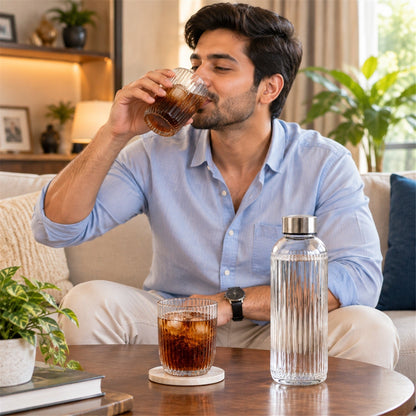 Wukusy ribbed water bottle with two matching glasses in a 3-piece gift set, featuring clear glass and sleek design.