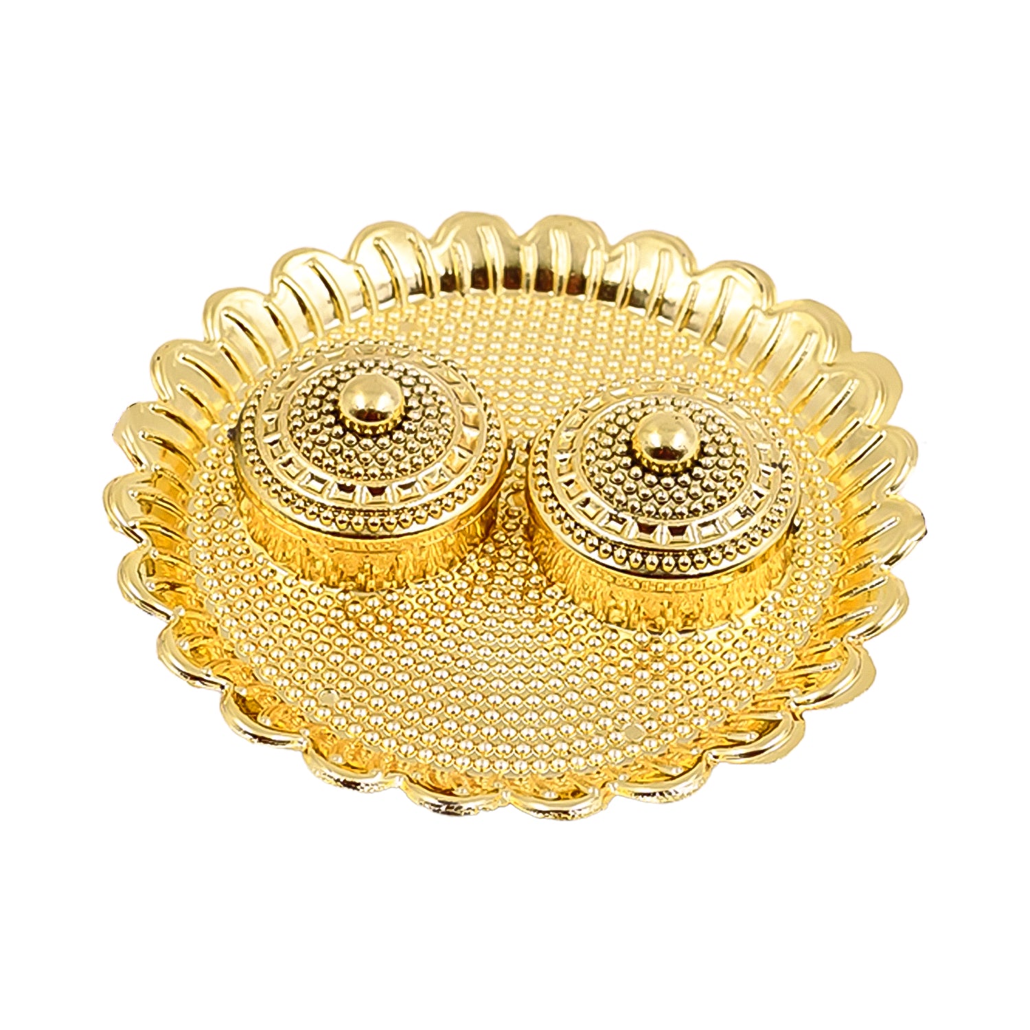 Large round Puja Thali holder with kumkum compartment, made of special PU material by Wukusy for religious offerings.