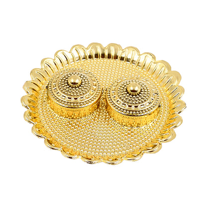 Large round Puja Thali holder with kumkum compartment, made of special PU material by Wukusy for religious offerings.