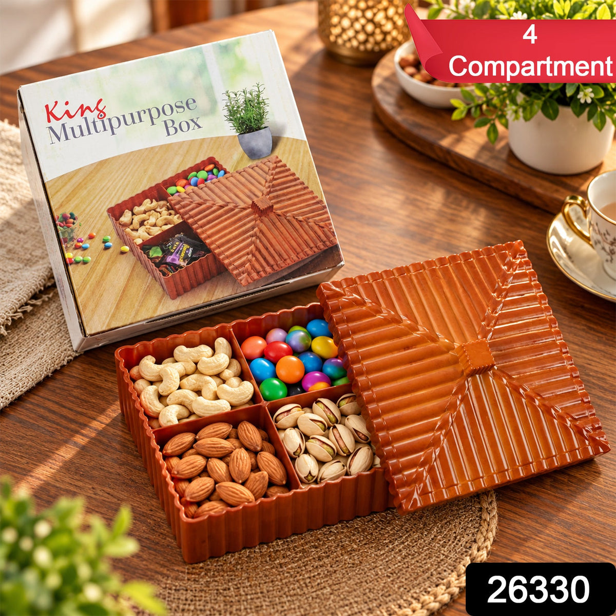 Wukusy multipurpose dry fruit snack storage box with ribbed lid, featuring four compartments for organized food storage.