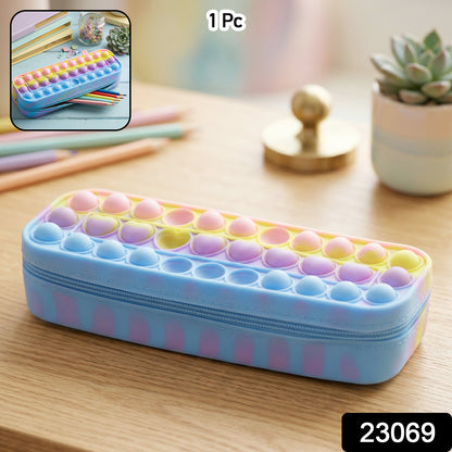 Wukusy Pop It silicone pencil pouch with zipper, colorful and flexible storage case for pens and stationery items.