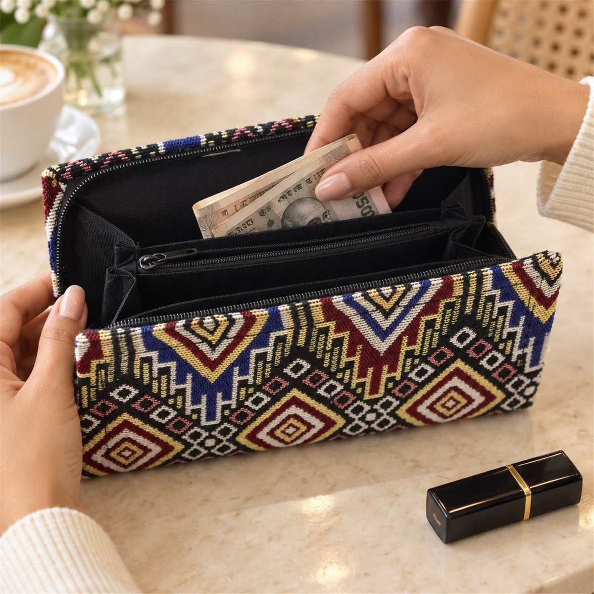 Wukusy traditional geometric woven clutch wallet with zipper, 25x12 cm, featuring colorful woven pattern and compact design.