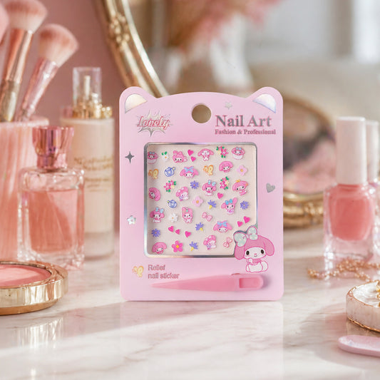 Cute cartoon nail art sticker set by Wukusy featuring colorful, playful designs for creative nail decorating.