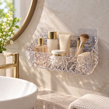 Wukusy diamond design bathroom wall rack with multiple shelves for toiletries and cosmetics, mounted on a tiled bathroom wall.