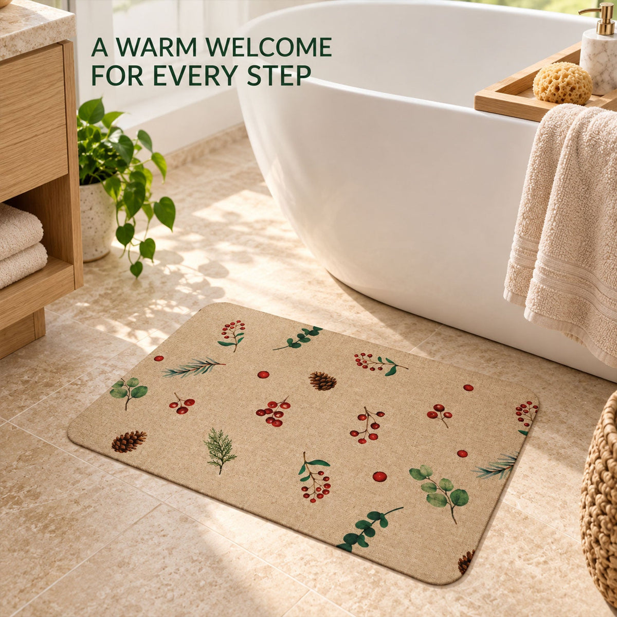 Wukusy botanical berry print bath mat with linen look, anti-slip floor rug, 57x38 cm, featuring colorful berry design.